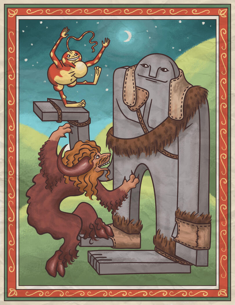 Volka and Hay reunite with another character (right) in this medieval manuscript-styled illustration.