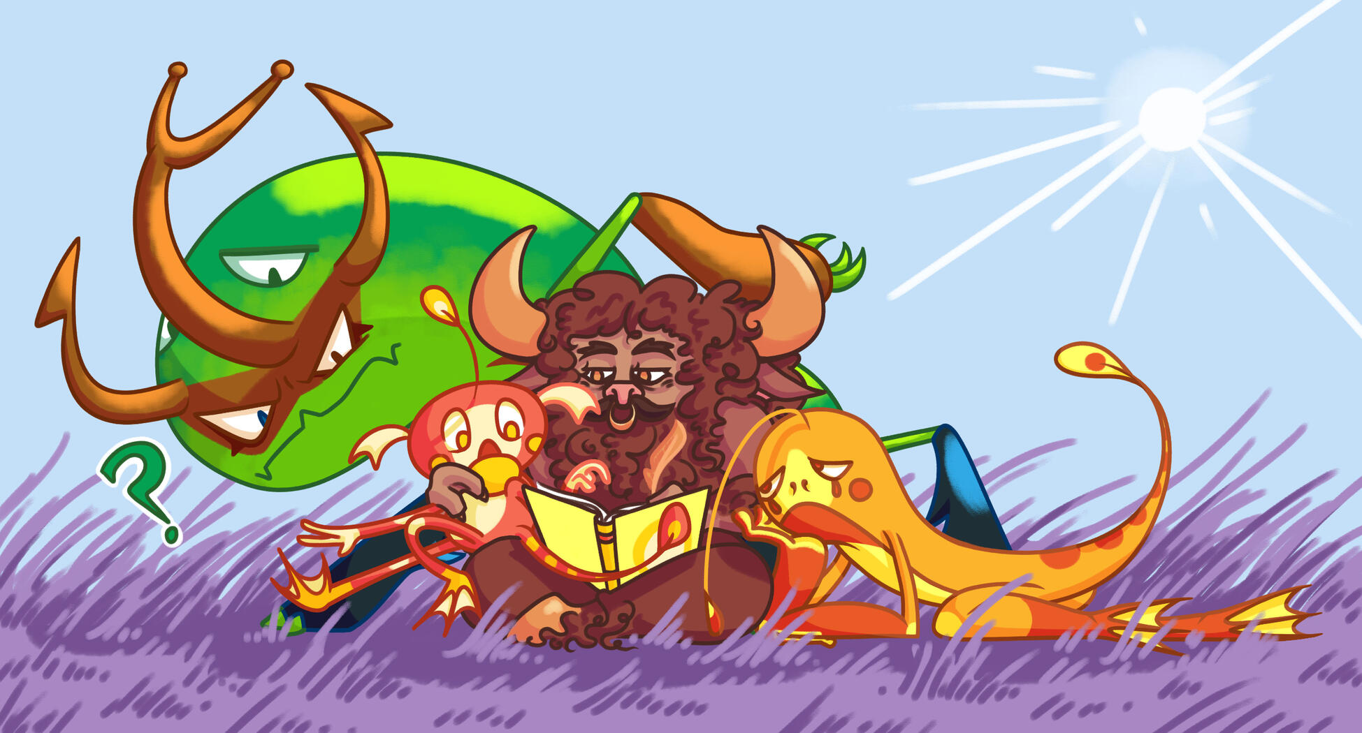 From left to right: the Demigod, Volka, Hay, and Lolo take a breather to record their adventures. They may be a ragtag group, but they're family!