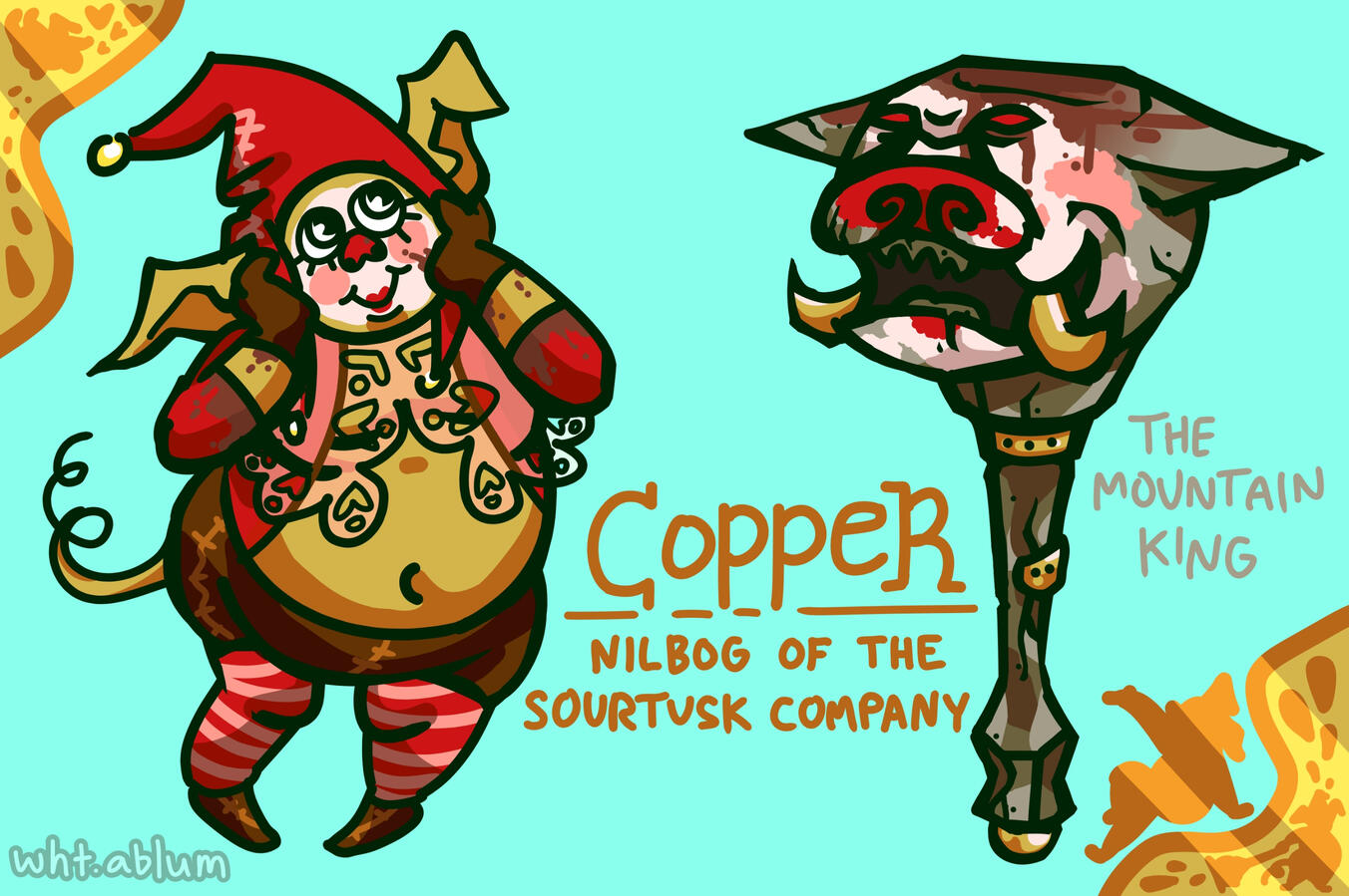 A goblin-like creature and his signature weapon, which he's painted to match his own clown makeup.
