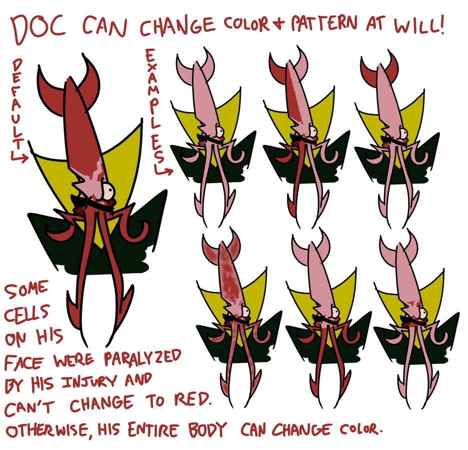 An elaboration on the deisgn of the adjacent squidlike character showing various ways that his face can change color.