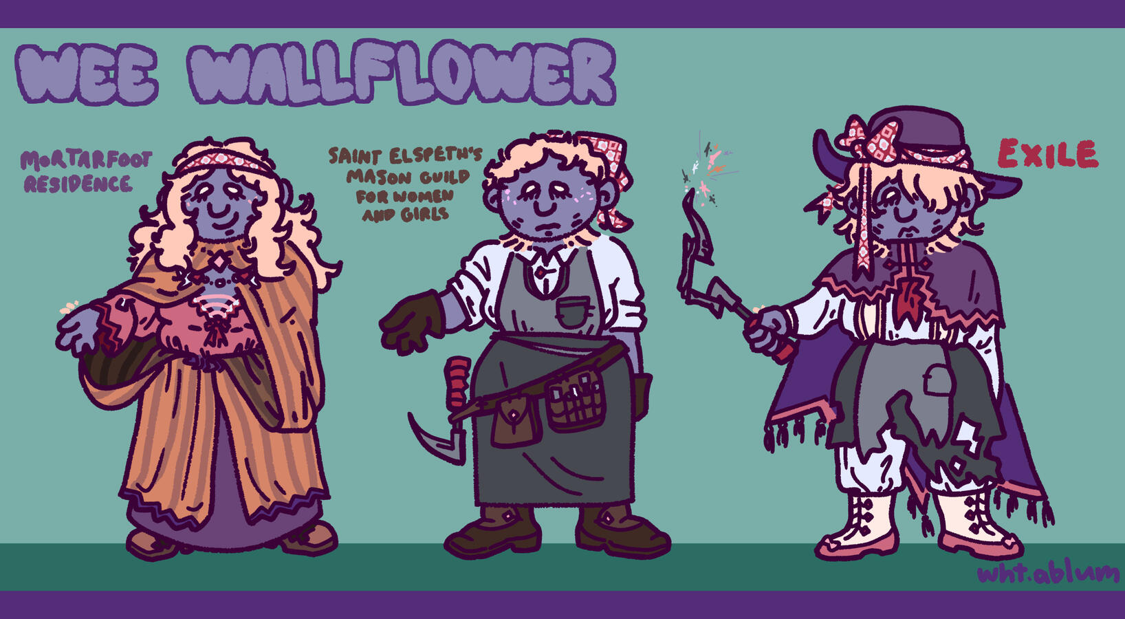 A Dwarf character in a fantasy setting, illustrated at various points of her life in three alternate outfits.