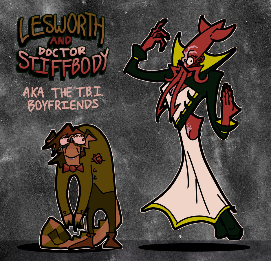 A pair of fantasy creatures, one lizardlike and one squidlike, designed to complement one another as a Frankenstein and Igor duo.