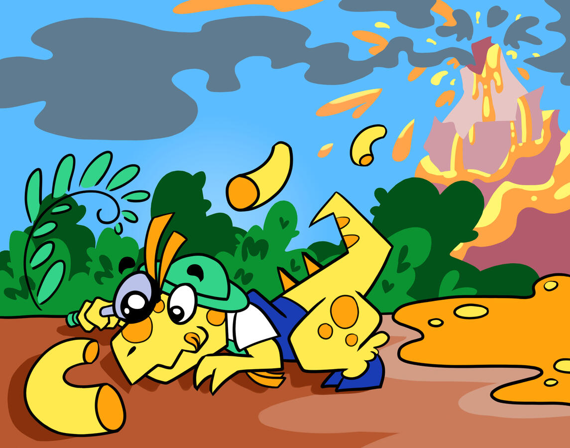 A reimagining of the Kraft mascot Cheesasaurus Rex, now a paleontologist and explorer! Here he investigates a dinosaur track closely... maybe TOO closely. Look out, Professor!