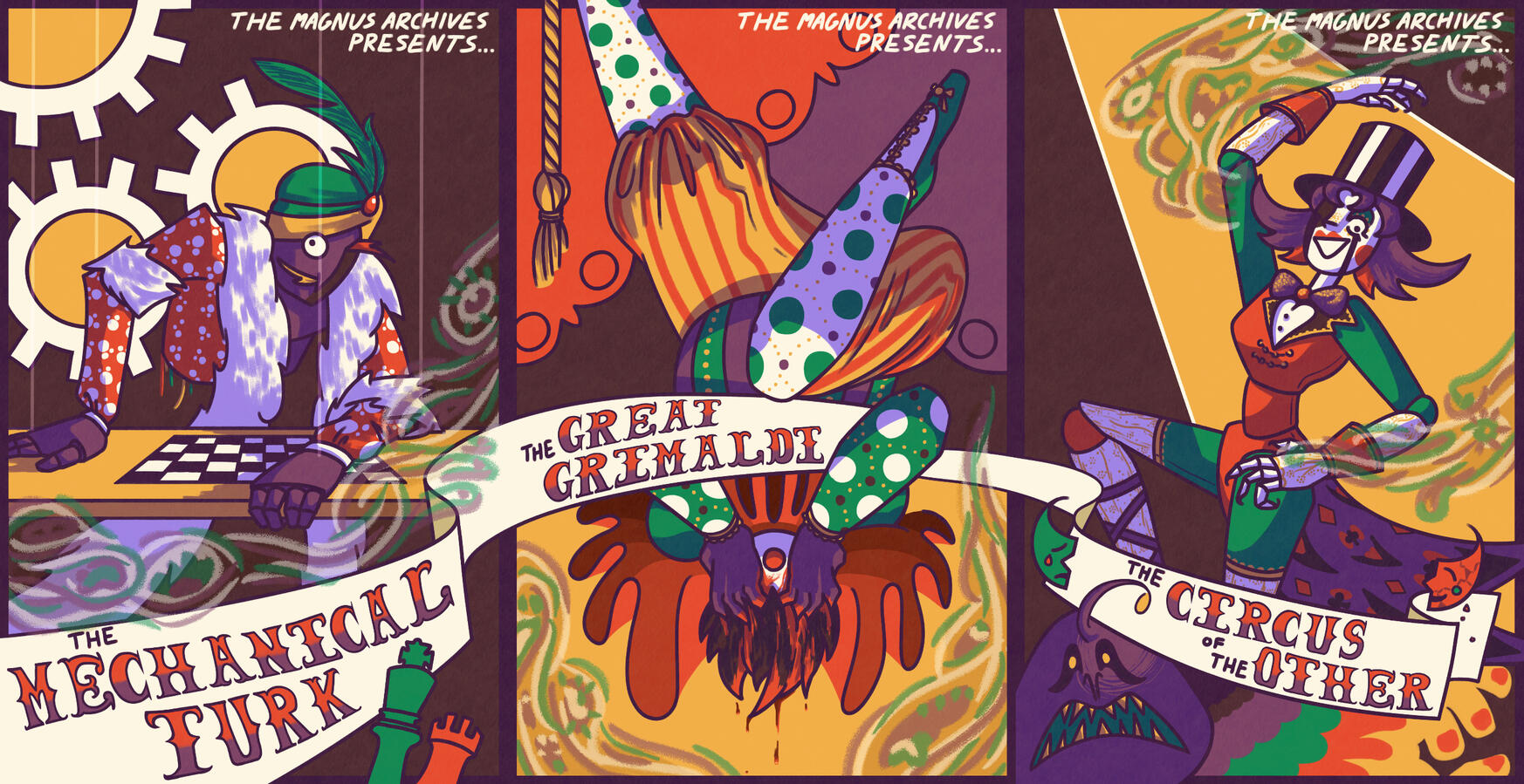 Three posters, made to stand on their own or as one image, inspired by horror podcast The Magnus Archives.