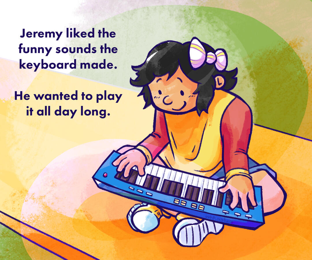 A children's book-styled illustration featuring a young child who loves music.