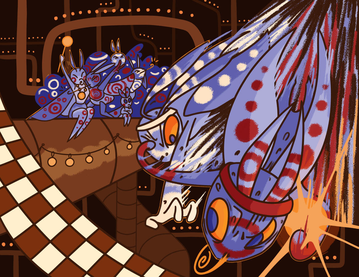 A scene from "Pipetown", a world where humanoid moths live in sprawling sewers and worship light. Here, two rival competitors race neck-and-neck to win a game of Mothball.