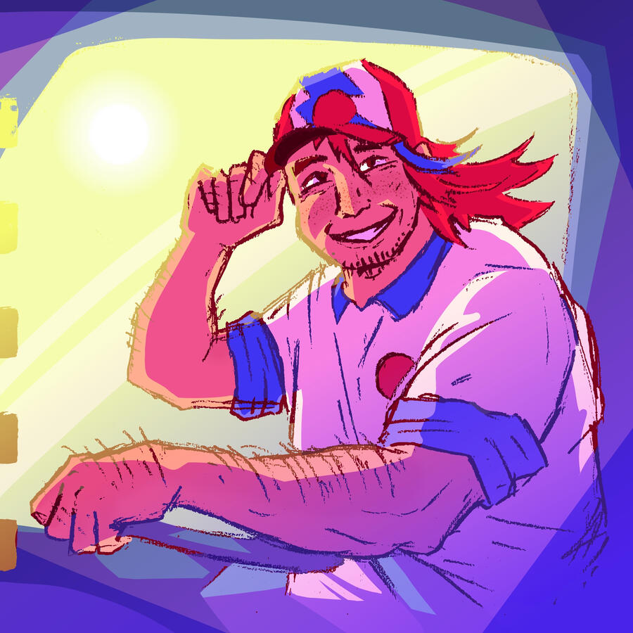 In the warm light of late afternoon, a truck driver gives a smile to his companion for the long haul.