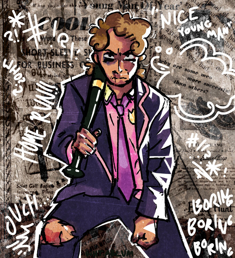 A prep school punk's gotten into some hot water! Background collage custom designed and compiled from start to finish.