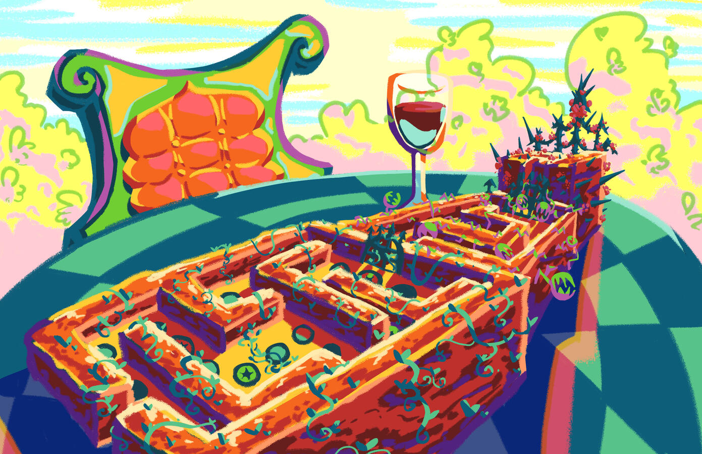 A view of the devious hedge maze conjured by Circe. She will look on smugly as the farmers try to best her game.