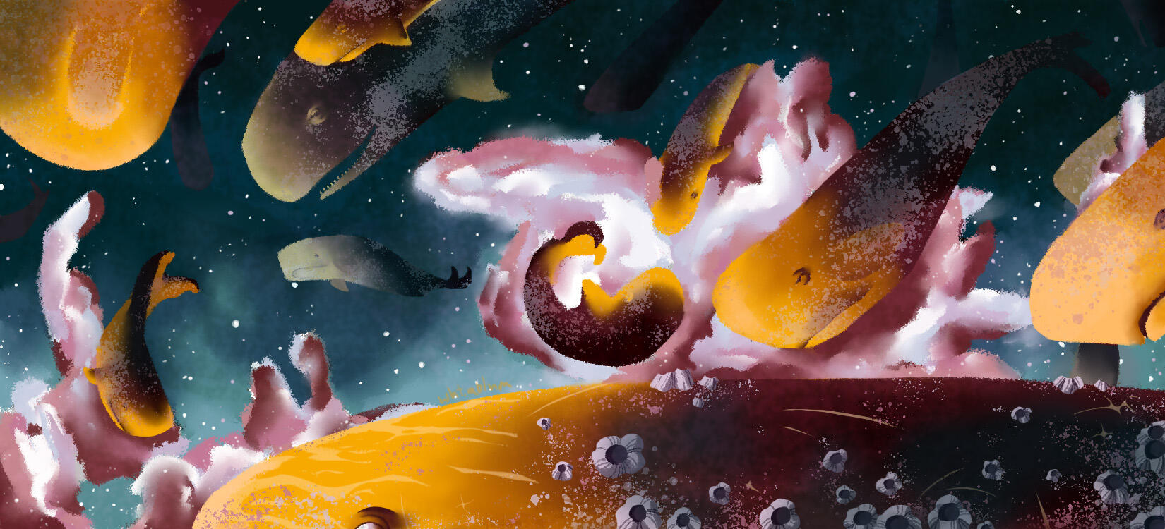 A pod of space whales frolics in their home nebula after a long interstellar journey.